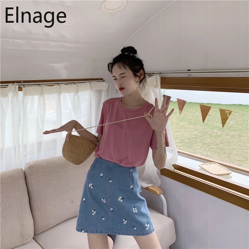Elnage/Летняя Корейская приталенная джинсовая юбка с вышивкой и высокой талией