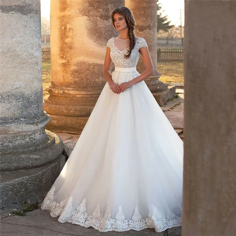 

Princess White A-Line Wedding Dress Lace Appliques Short Sleeves See Through Back Tulle Bridal Gowns 2021 Spring Vestidos
