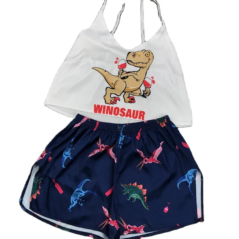 

Two Piece Set Summer Pajamas for Women Cartoon V-Neck Sleeveless Silk Sling Shorts Sexy Sleepwear Casual Fashion Homewear