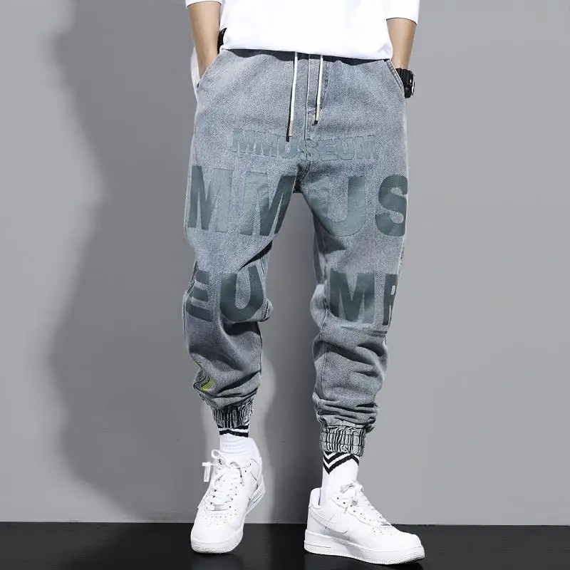Ripped Jeans Mens Embroidery Harem Pants Spring and Autumn Loose Streetwear Hip Hop Sweatpants Elastic Waist Joggers Capri Pants