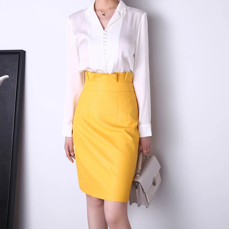 

2021 Autumn New Arrival Women Bud Waist Elegant Genuine Leather Middle-skirt