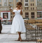 Женское Короткое свадебное платье, Белое Атласное Платье-трапеция до середины икры, с открытыми плечами, в винтажном стиле, для свадебной вечеринки, 2019