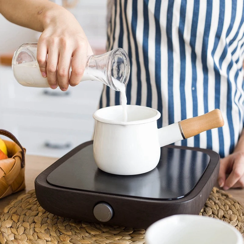 

Enamel Milk Pan Mini Butter Warmer 10cm Enamelware Saucepan Pan Cookware with Wooden Handle Perfect Size for Heating Smaller L