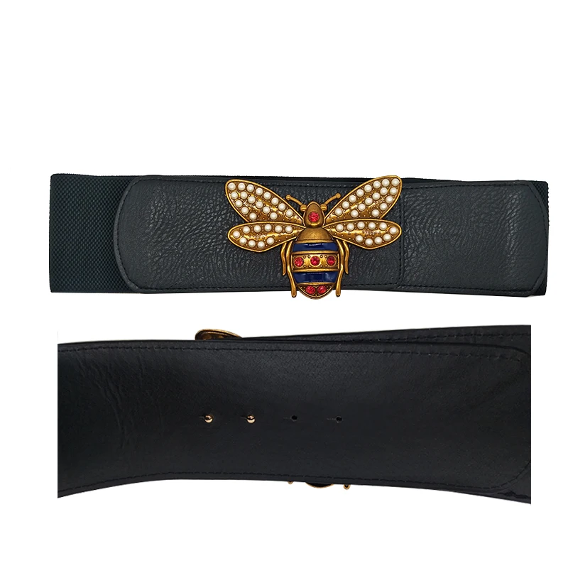 

2021 New Luxury Design Classic Women Belts Bees and Letters Alloy Gold Buckle Oversize Stretch Elastic PU 7cm Wide Jeans Belts
