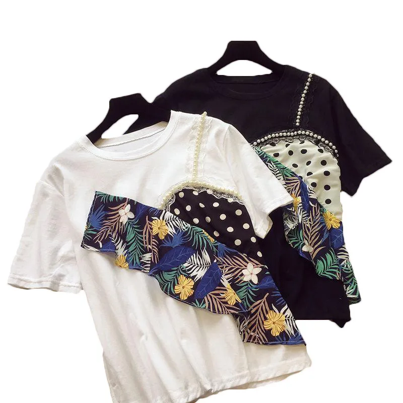 

Женская футболка с коротким рукавом, Новинка лета 2021, стильные простроченные футболки из двух частей с принтом, топы для девочек F379