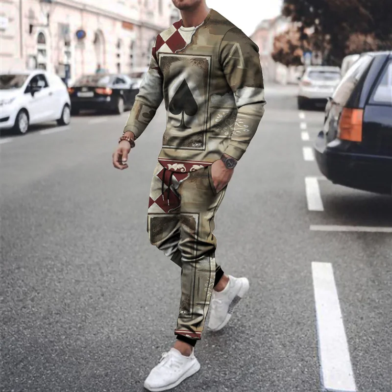 

2021 New Round Neck Pullover Sweater Casual Sports Pants 2-piece Suit 3D Printing Personality Hip-hop Style Poker Male Suit