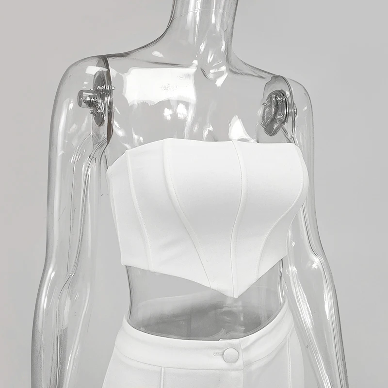 

NewAsia Strapless Boned Corset Crop Top Two Piece Set Women High Waist Flare Trousers 2 Piece Sets Summer Long Pants Suit Whte