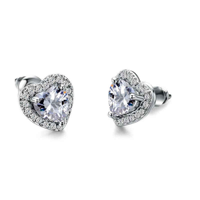 

Cute Female Love Heart Small Stud Earrings Charm Silver Color Crystal Earrings For Women Vintage White Zircon Wedding Jewelry