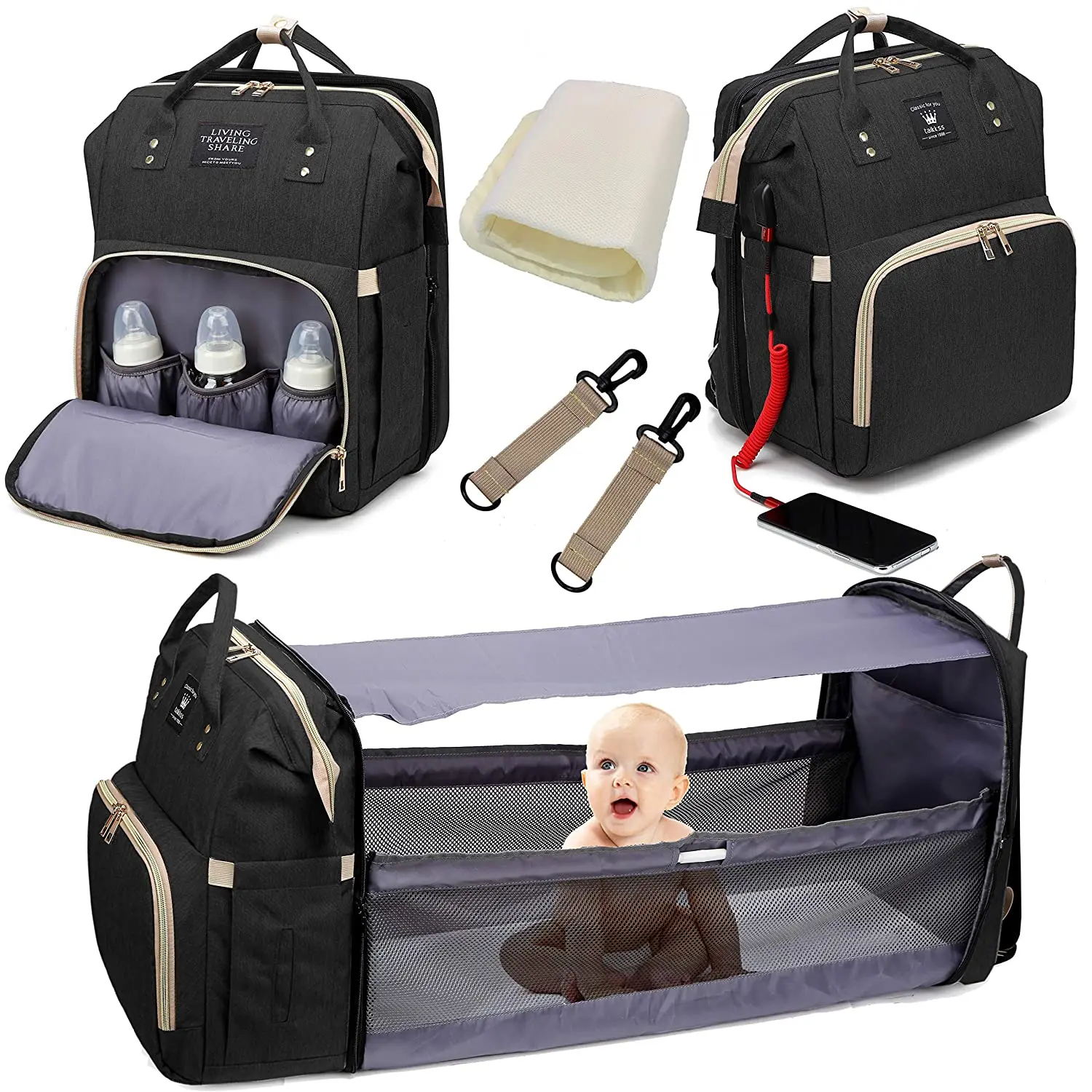 

Travel Back Pack Waterproof Changing Bags Diaper Bag Backpack Multi-Functional with Insulated Built-in USB Charging Port