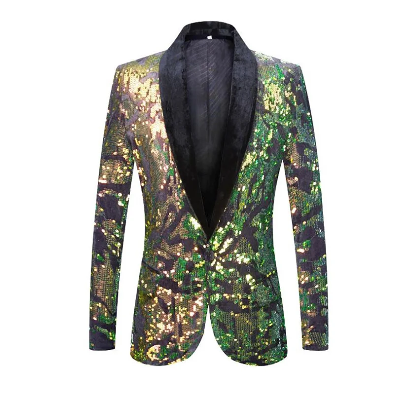 Men's suit sequined velvet jacket костюм blaser masculino ropa hombre fashion green gold stage singer shiny thin slim clothes