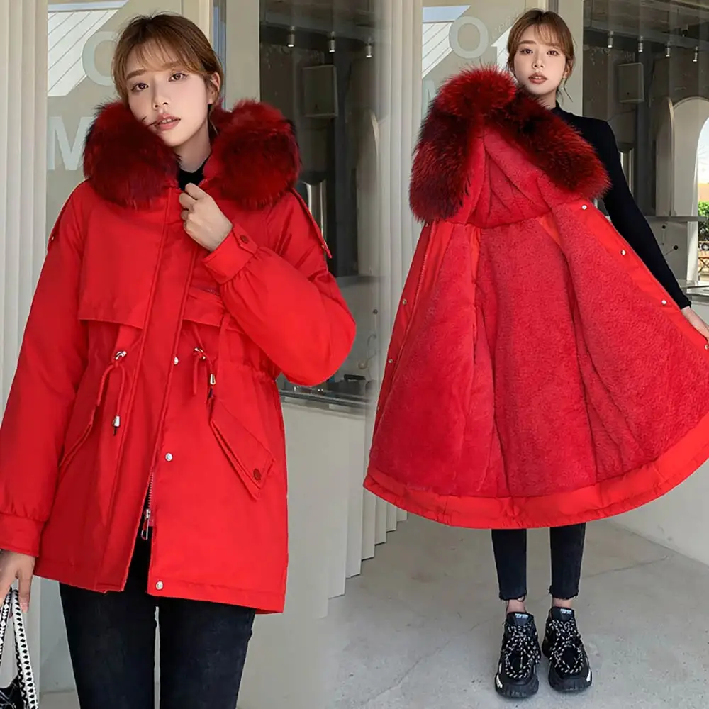 PinkyIsBlack Short Fur Liner Parka Solid Color Winter Jacket Women 2021 New Big Pocket With Fur Collar Ladies Casual Hooded Coat