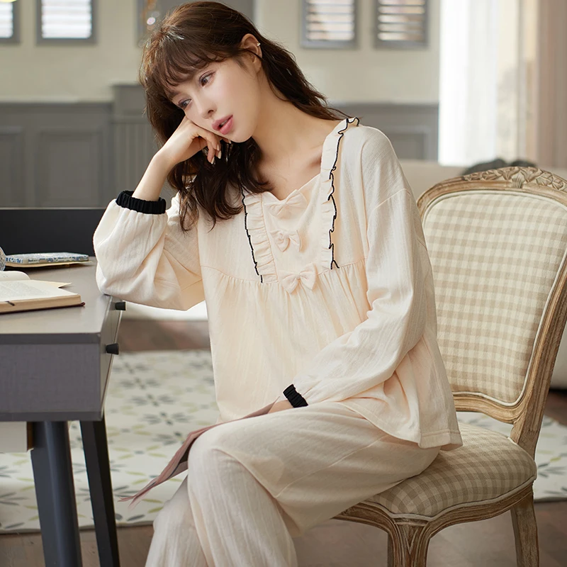 

JRMISSLI Woman Sweet Cotton Lapel Pyjama Two-piece Homewear Suit Pijamas Sets Pattern Long Sleeves Shirt Long Pants Plus Size