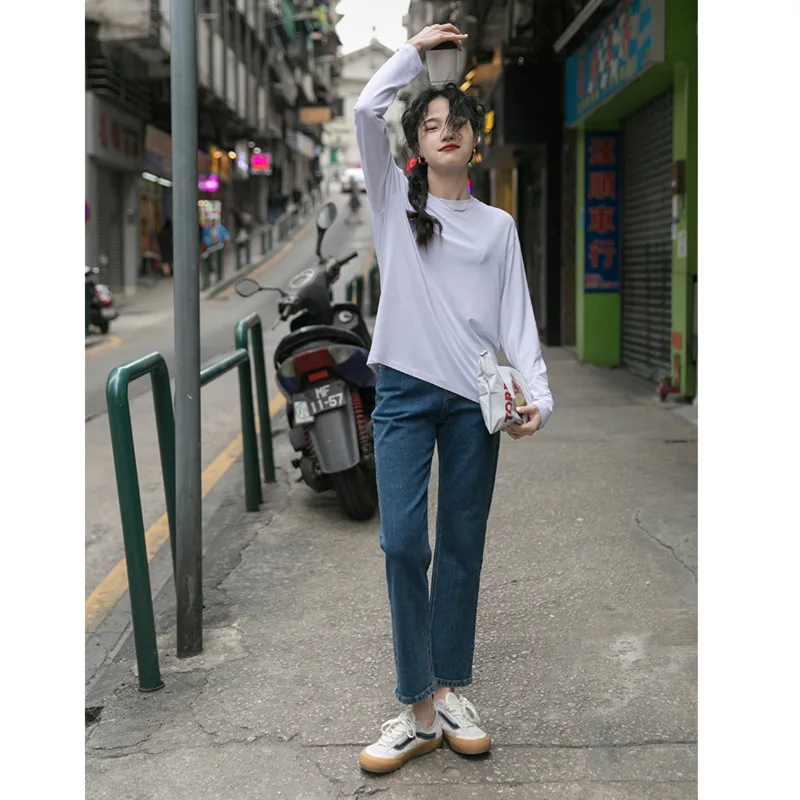 Брюки женские с завышенной талией тонкие повседневные джинсы синие прямые