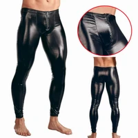 men pu leather trousers fetish wet look zip front skinny pants slim legging leather motorcycle sexy clubwear costume dance pants