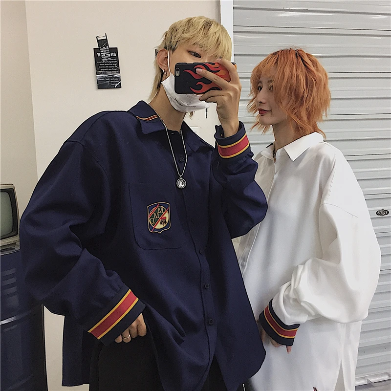 

Japanese Loose Blouses Women Men Clothing Fashion Turn-down Collar Long Sleeve Casual Couple Shirts Ins Ladies Top Spring Autumn
