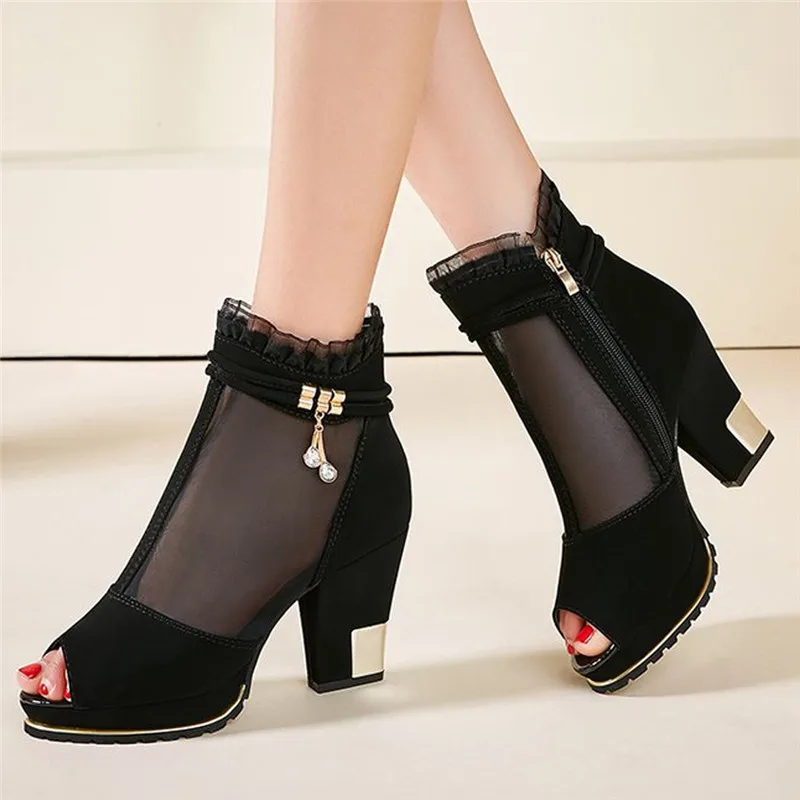 Женские римские сапоги размера плюс с открытым носком на очень высоком каблуке