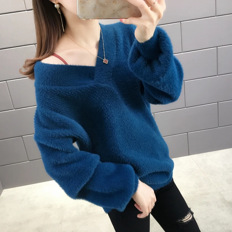 

139714 room 2 row 4 middle] real shot imitation mink cross V-neck solid color Pullover Sweater [1272] 52