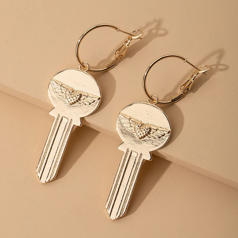 

New Arrived Personality Key Shape Pendant Metal Gold Color Stud Earrings For Women