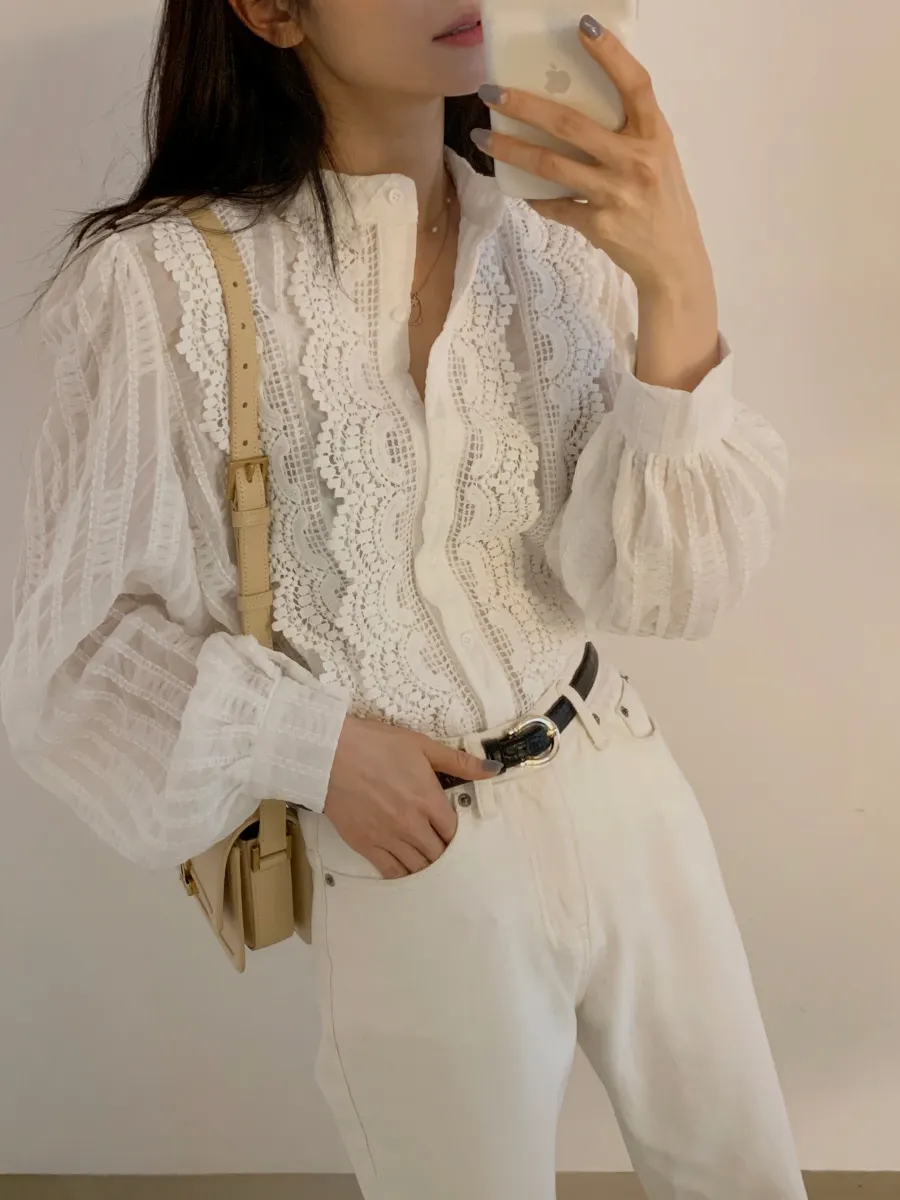 

ZCSMLL white tops Korea chic spring gentle round neck lace hollow crochet loose single breasted wild long-sleeved shirt women