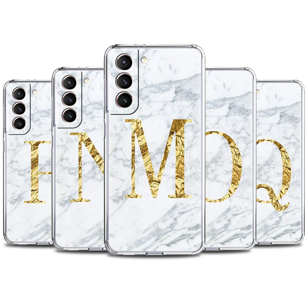 

Letter R S Q white marble For Samsung Galaxy S21 S20 FE S10 S9 S10e S8 Plus Phone Case Note 20 Ultra 10 Lite 9 Transparent Coque