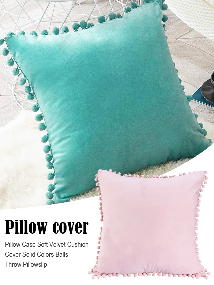 

1pc Pillow Case Soft Velvet Cushion Cover Solid Colors Balls Throw Pillowslip for Sofa Bedroom Christmas Wedding Decorative