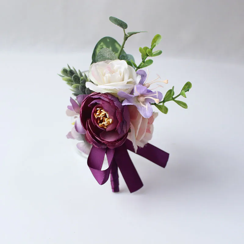 Boutonniere-5 YO CHO Искусственный цветок розы бутоньерка для жениха Свадебный корсаж браслет подружки невесты фиолетовые шелковые цветы Брошь Maria - Цвет: Boutonniere-5