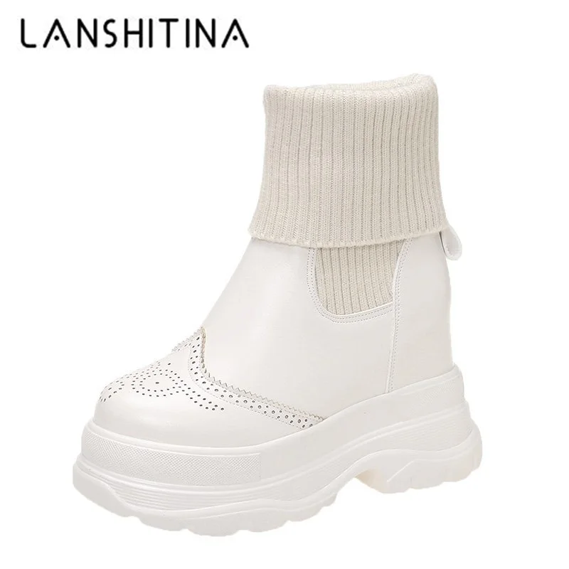 

Winter Wedges shoes For Women Ankle Boots Chunky Platform Sock Boots New Women's 10cm Thick Sole High Heels Leather Boots Woman