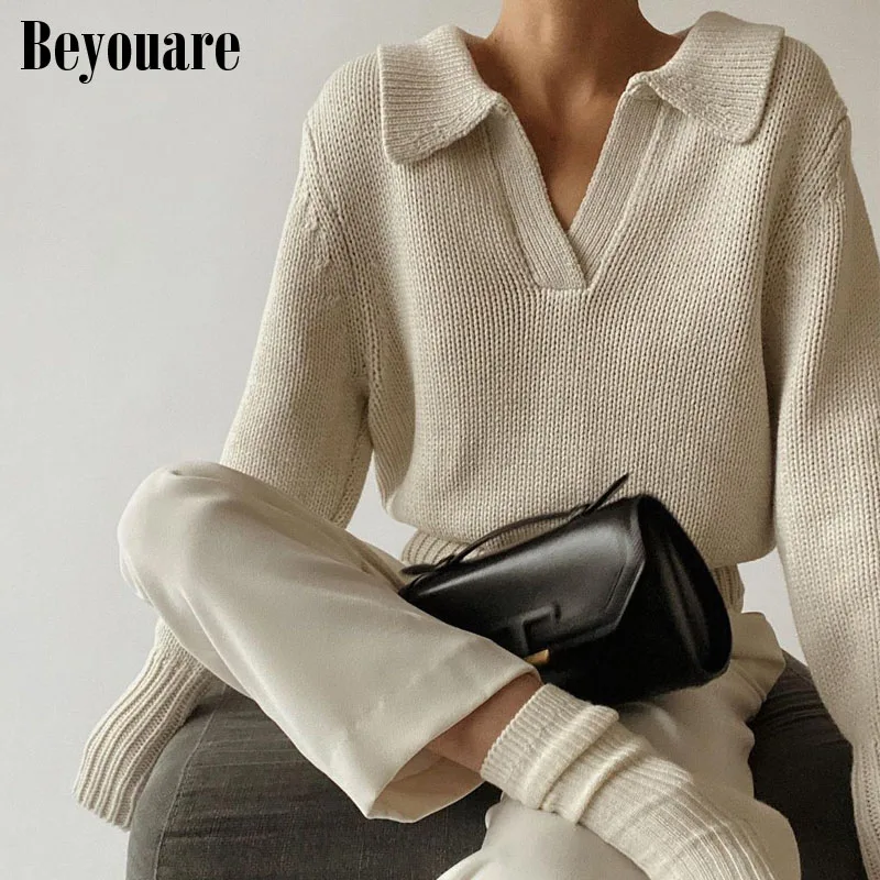 

Beyouare Knitted Sweater Women's Pullovers V Neck Long Sleeve Solid Loose Versatile Tops Autumn Winter Korean Fashion Casual Top
