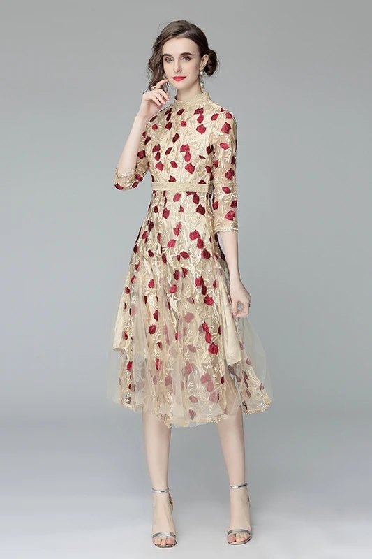 

COIGARSAM Fashion Embroidery Women dress New Vintage O-Neck Mesh Dresses A8609