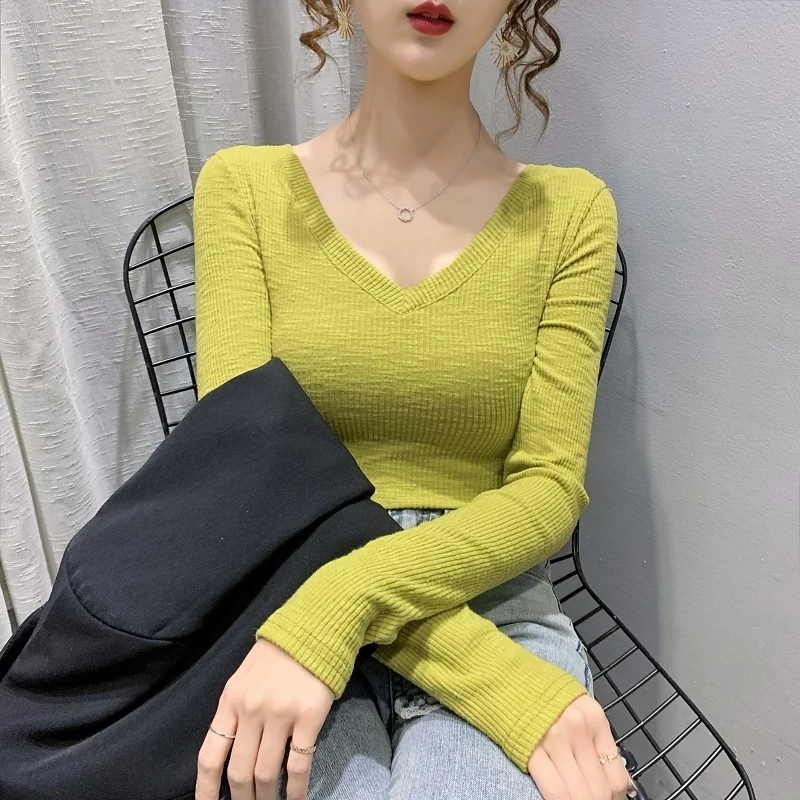 

Женская футболка с V-образным вырезом, новый стиль для осени и зимы, сексуальная облегающая футболка с длинным рукавом