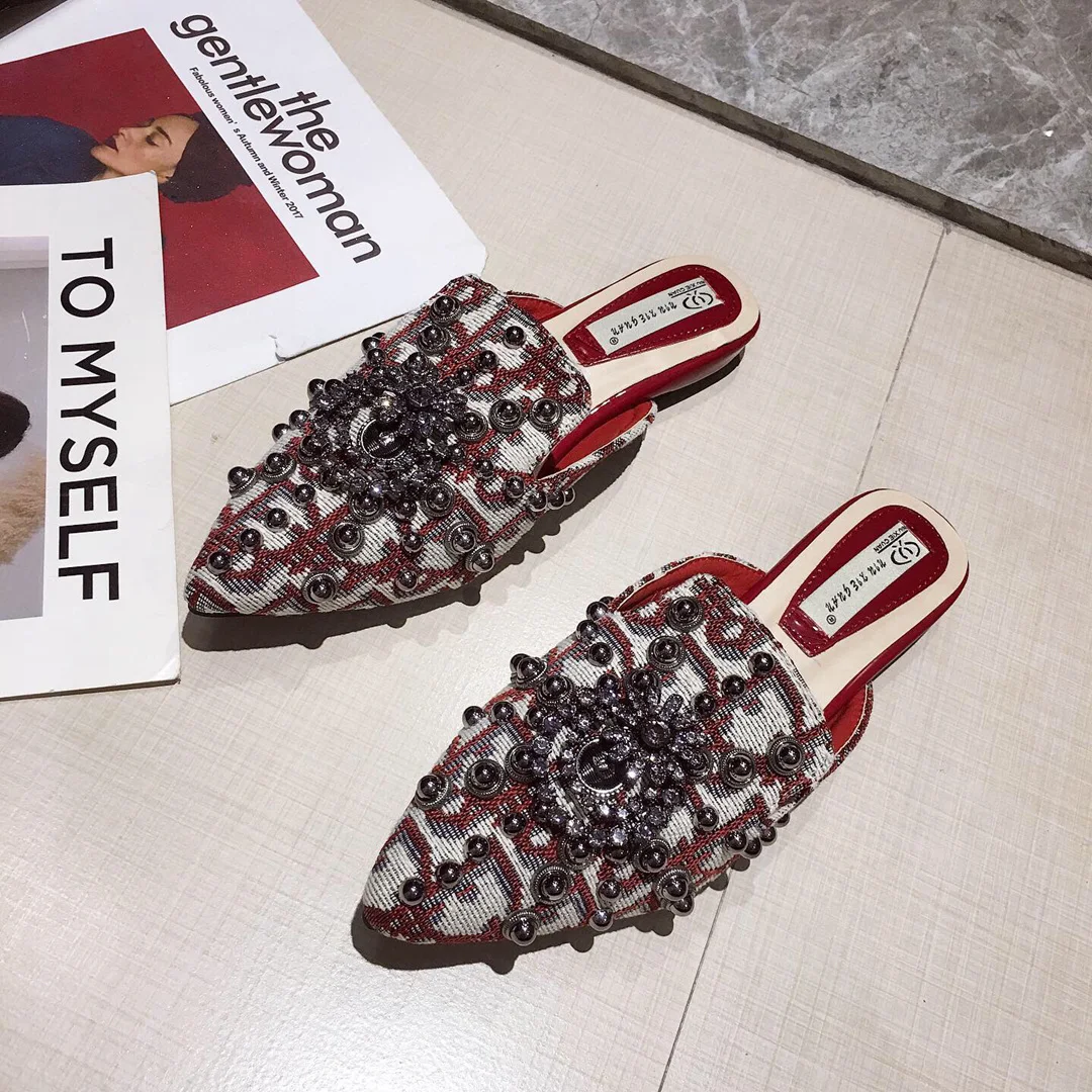 Wellwalk/тапочки на плоской подошве; модные туфли без задника; женские дизайнерские шлепанцы с бусинами; Роскошные шлепанцы; женские сабо на плоской подошве