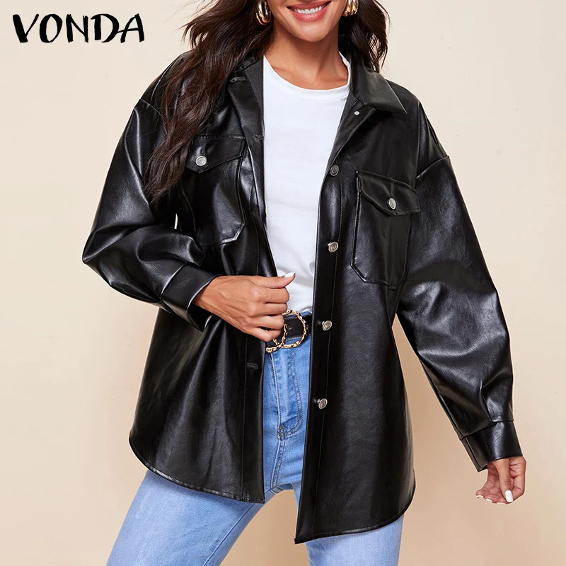 

VONDA Women Spring PU Leather Jackets Autumn Casual Lapel Button Coats Loose Outerwear Veste Winter Overcoats Oversized Jackets