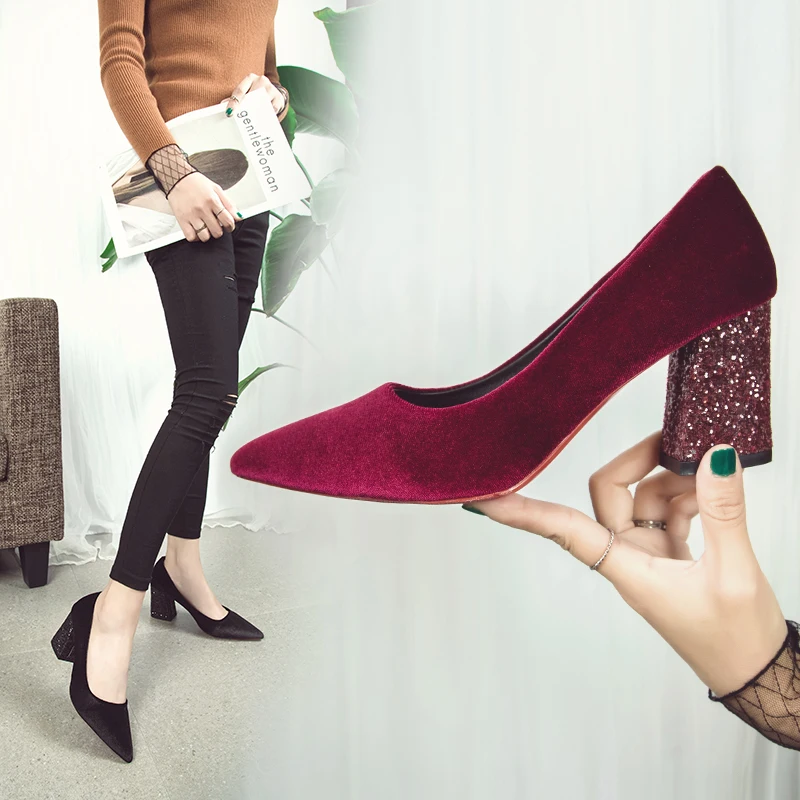 Туфли-лодочки женские на высоком толстом каблуке 7 см пикантные Элегантные