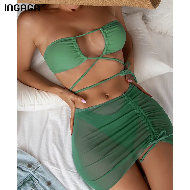 

INGAGA Bandeau Bikini Three Piece Swimsuit with Skirt Women's Swimwear 2021 Drawstring Beach Cover Up Mesh Bathing Suit Green