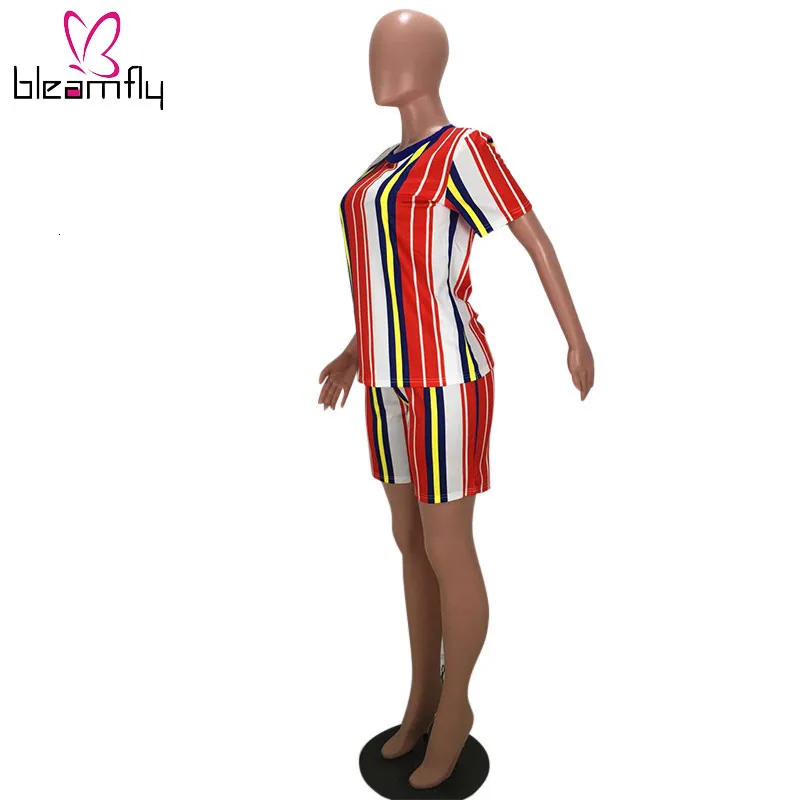 Женский Летний Новый Цветной полосатый круглый вырез T костюм футболка с шортами