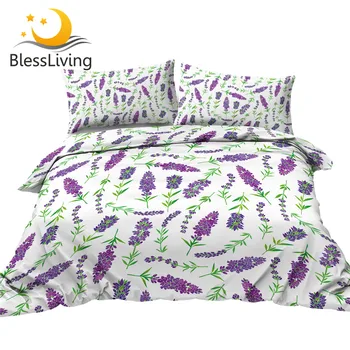 BlessLiving Lavender Duvet Cover Set Purple Flowers Bedclothes Watercolor Plants Floral Bedding Sets 3pcs Leaf Comforter Cover 1