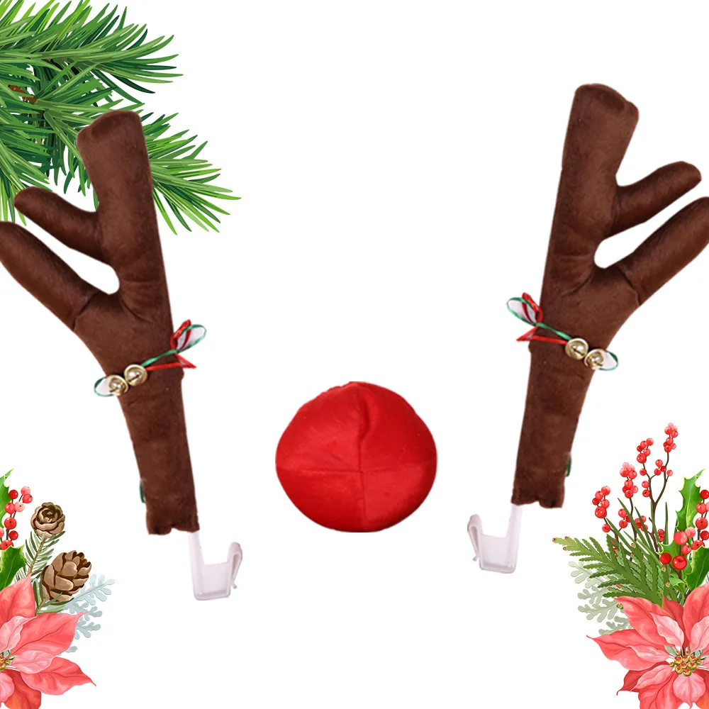 2022 Reindeer Car Vehicle Nose Horn Costume Set Rudolf Christmas Reindeer Antlers Red Nose Ornaments Elk Car  Decoration