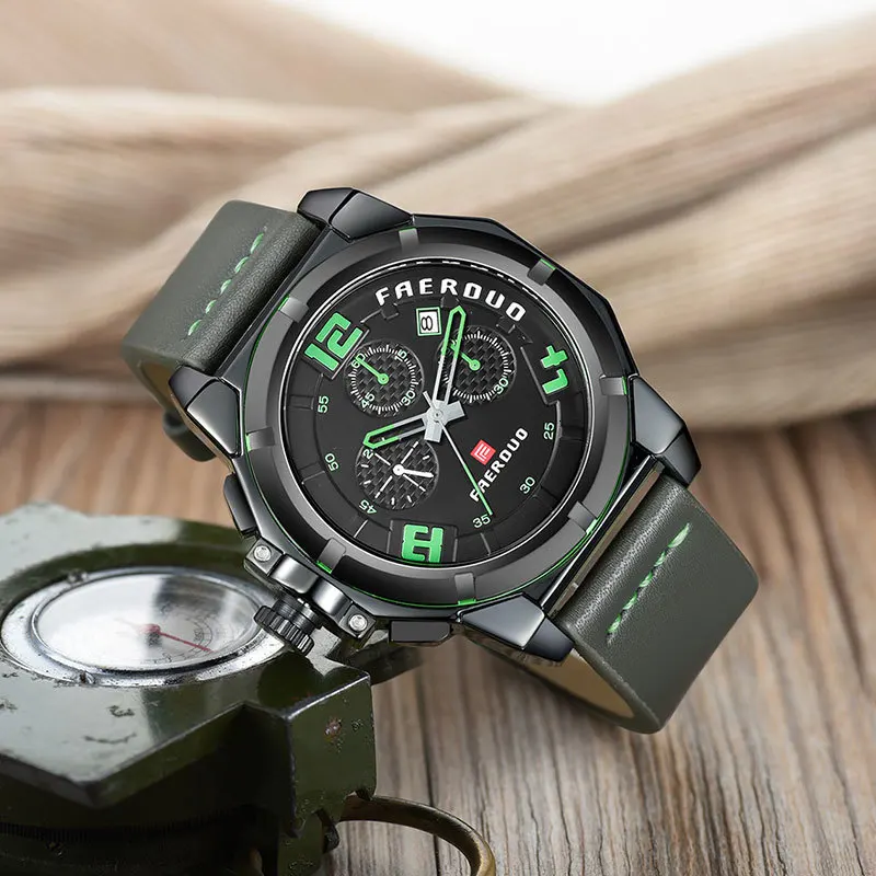 FAERDUO, большие часы для мужчин, спортивные, серые, мужские часы, водонепроницаемые, натуральная кожа, хронограф, часы для мужчин, роскошный бренд, Relogio Masculino