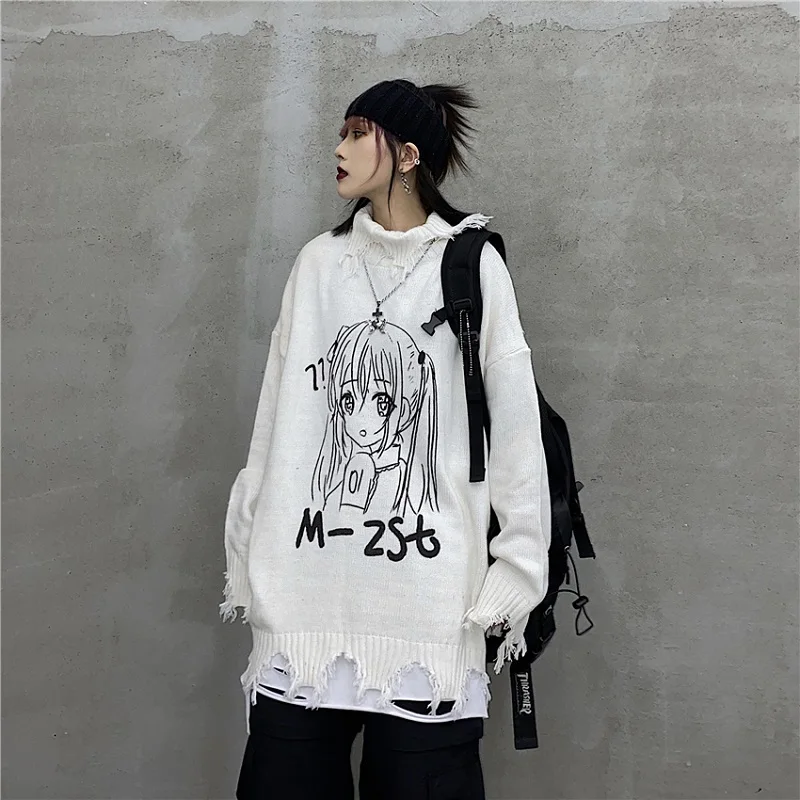 

Turtleneck Dark Sweater Cartoon Casual Korean Version Ins Harajuku Super Loose Hole Knit Sweater Top Street Style Woman Pullover