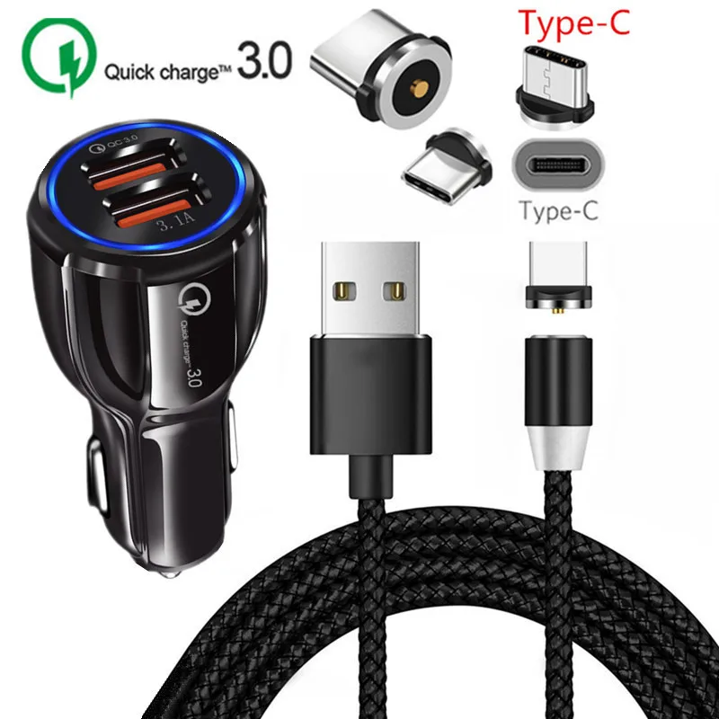 charger and cable QC 3.0 USB Fast Car charger magnetic Type C Cable For Samsung galaxy Feel 2 S8 S9 S10 A50 A70 A20 M30 Honor 20 10 9 Mobile phone - Тип штекера: charger and cable