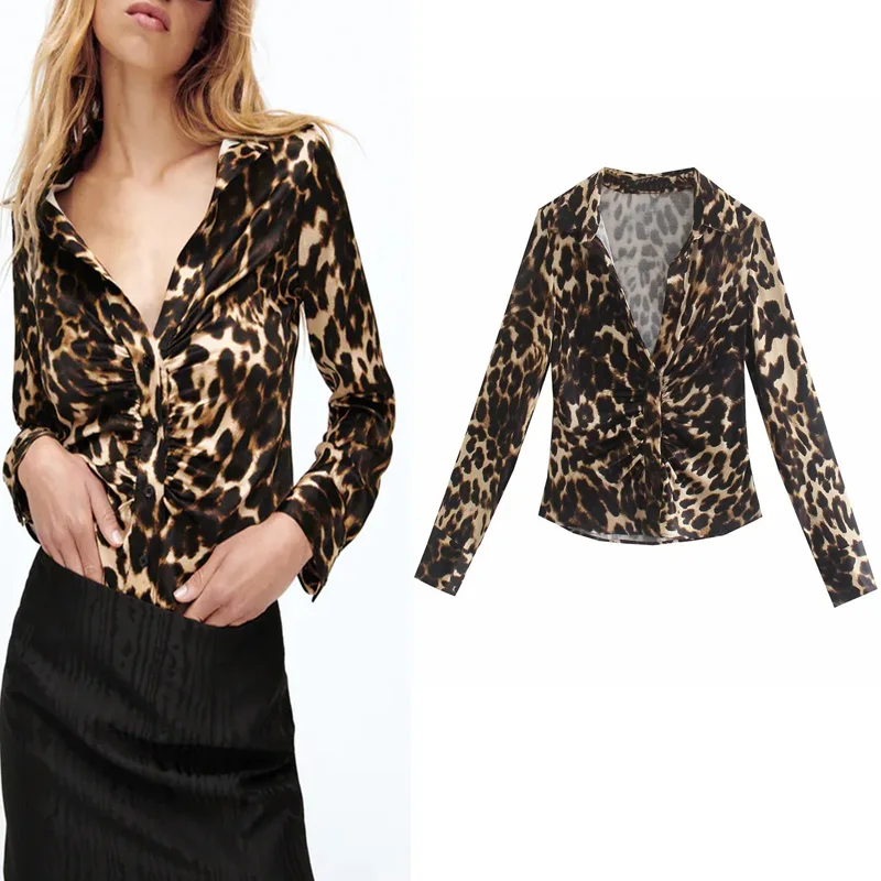 

Za 2021 Autumn Leopard Print Shirt Fashion Lapel Long Sleeve Blouse Chic Buttons Front Folds Design Shirt Casual Street Shirt