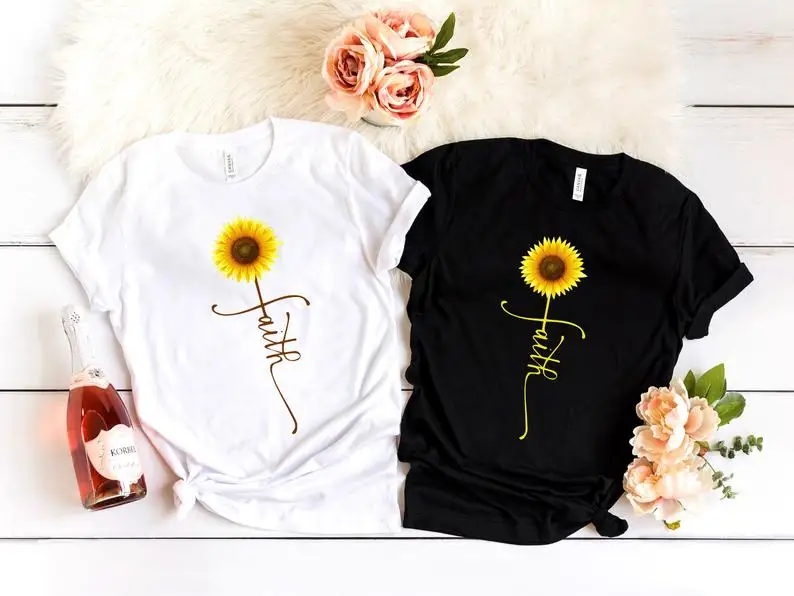 

Faith sunflower graphics Christian Shirt Female Clothes Streetwear 100% Cotton Funny Letter print Graphic O neck Drop shipping