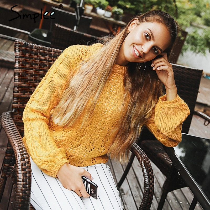 Женский желтый полый свитер Simplee привлекательный повседневный пуловер с круглым
