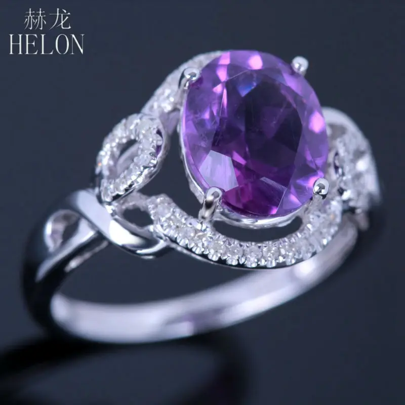 

HELON Solid 14K White Gold Flawless Oval 2.5ct 100% Genuine Natural Amethyst Diamonds Women Fine Jewelry Engagement Wedding Ring