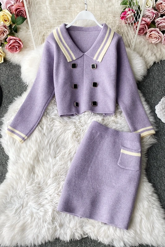 

2020 autumn and winter new European and American style two-piece skirt Korean sweet doll collar short sweater + high waist skirt