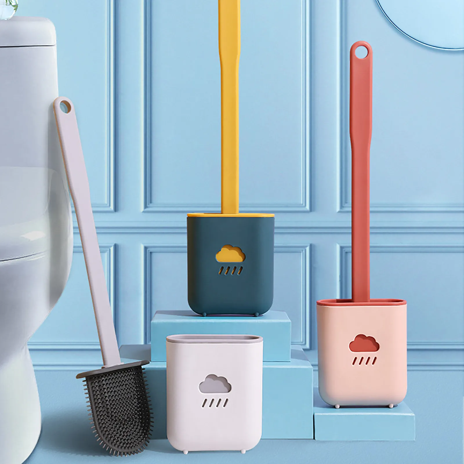 

Toilet Brush Water Leak Proof With base Silicone Wc Flat Head Flexible Soft Bristles Brush with Quick Drying Holder Set
