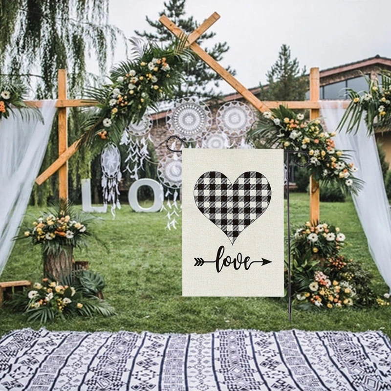 

Valentine's Day Flag Garden Flax Burlap Plaid Love Heart and Arrow, Double Sided Yard Flag Banner Outdoor Dcor Decoration