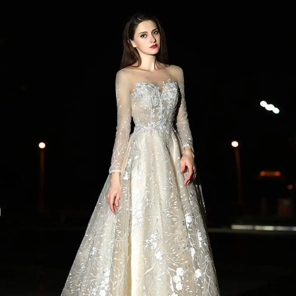 

A-line Net/Tulle Jewel long-sleeved Banbage Open back Sweep/Brush Floor length Applique Evening Dresses high quality Fashion