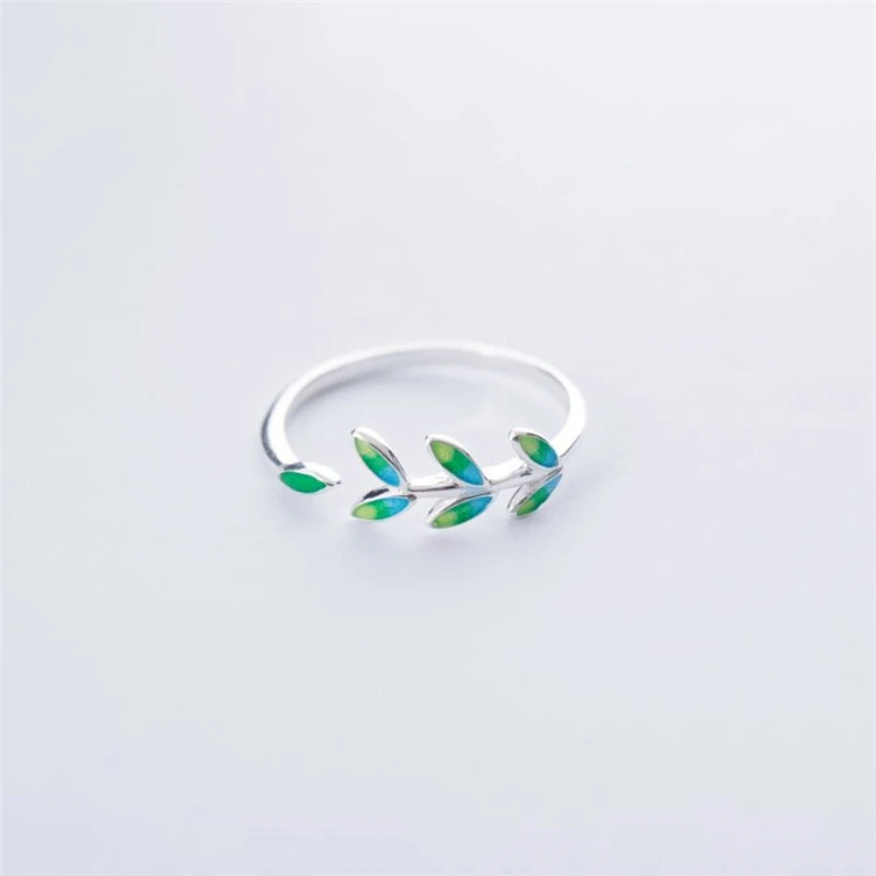 

Green Leaf Handmade Creative Silver Color Temperament Personality Fashion Female Trendy Resizable Opening Rings SRI028