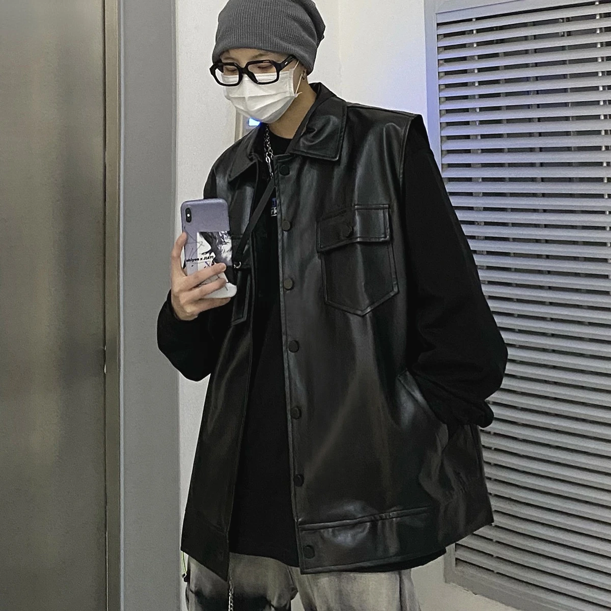 

HOUZHOU Techwear Black Leather Vest Man Men's Sleeveless Vest Coat Sweatshirt Jacket Men's Tops Korean Streetwear Hip Hop Hippie